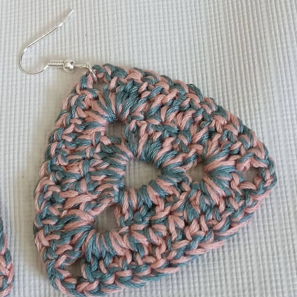 Handmade Crochet Blue and Pink Triangle Shaped Lightweight Dangle Style Earrings - Picture 8 of 11